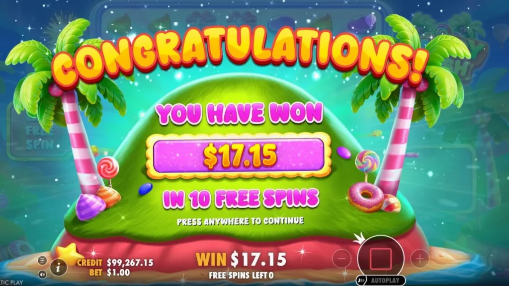 Tampilan visual ceria dan penuh warna dari slot Candy Rush dengan simbol permen di grid 7x7